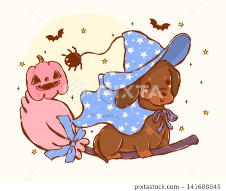 Girly Dachshund Halloween Witch Dog Cartoon Flying on Magic Broom Hand Drawn Illustration Girly Dachshund Halloween Witch Dog Cartoon Flying on Magic Broom Hand Drawn Illustration 141608045