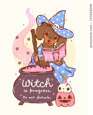 Girly Dachshund witch brewing poison in a cauldron and reading Cartoon Hand Drawn Illustration Girly Dachshund witch brewing poison in a cauldron and reading Cartoon Hand Drawn Illustration 141608046