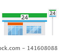 An illustration of a 24-hour convenience store building with green and blue lines. 141608088