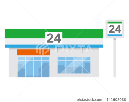 以綠色和藍色線條勾勒出的24小時便利商店建築示意圖。 以綠色和藍色線條勾勒出的24小時便利商店建築示意圖。 141608088