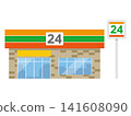 An illustration of a brick-style 24-hour convenience store building with orange and green signs. 141608090