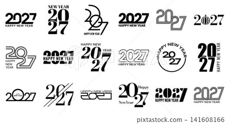 2027 Happy New Year typographic logo set with bold black number designs, retro shapes, outline styles and circular layouts. Holiday templates for cards, posters, banners and branding. 2027 Happy New Year typographic logo set with bold black number designs, retro shapes, outline styles and circular layouts. Holiday templates for cards, posters, banners and branding. 141608166