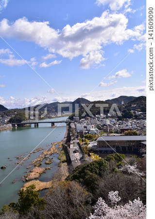 Inuyama City, Aichi Prefecture, Japan: Inuyama Castle in spring and cherry blossoms in full bloom. View from the top floor of the national treasure castle tower, the surrounding cityscape and nature. Inuyama City, Aichi Prefecture, Japan: Inuyama Castle in spring and cherry blossoms in full bloom. View from the top floor of the national treasure castle tower, the surrounding cityscape and nature. 141609090