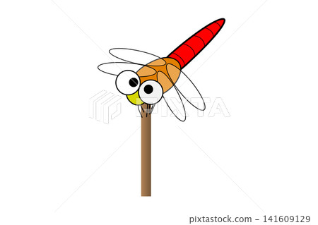 An illustration of a red dragonfly perched on the end of a thin stick. An illustration of a red dragonfly perched on the end of a thin stick. 141609129