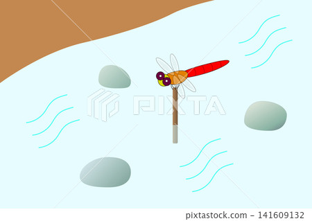 A red dragonfly rests on the end of a pole sticking out of the river. A red dragonfly rests on the end of a pole sticking out of the river. 141609132