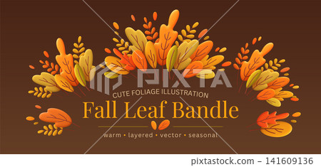 Fall leaf bundle cover vector on a dark brown background with layered 3D foliage. Warm yellow and orange leaf compositions frame elegant seasonal title text. Fall leaf bundle cover vector on a dark brown background with layered 3D foliage. Warm yellow and orange leaf compositions frame elegant seasonal title text. 141609136