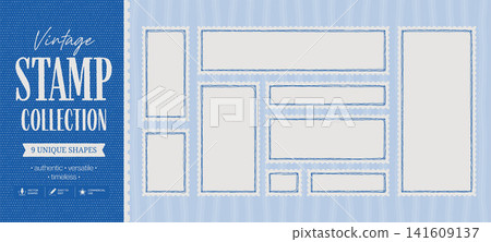 Post stamp border collection vector banner with vintage title block and blue palette. Perforated frame shapes form a clean philatelic presentation layout Post stamp border collection vector banner with vintage title block and blue palette. Perforated frame shapes form a clean philatelic presentation layout 141609137
