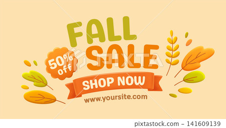 Fall sale vector composition on a light beige background with bold text and 3D leaf accents. Seasonal foliage and a ribbon label create a playful promo banner Fall sale vector composition on a light beige background with bold text and 3D leaf accents. Seasonal foliage and a ribbon label create a playful promo banner 141609139
