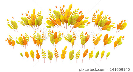 Set of autumn 3D leaf vector elements with warm yellow, lime, and orange colors. Isolated foliage compositions and individual leaves form a playful seasonal pack Set of autumn 3D leaf vector elements with warm yellow, lime, and orange colors. Isolated foliage compositions and individual leaves form a playful seasonal pack 141609140