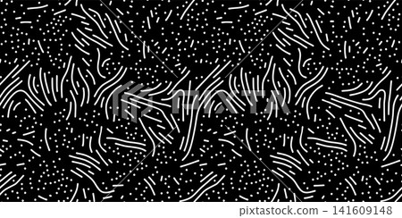 Seamless abstract Turing pattern vector on black background. White curved strokes and scattered dots create an organic coral inspired texture Seamless abstract Turing pattern vector on black background. White curved strokes and scattered dots create an organic coral inspired texture 141609148
