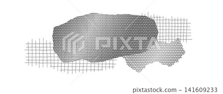 Set of ripped metal mesh vector elements with gray steel texture. Torn grid patches, long strips, broken pieces, and rough edges on white background Set of ripped metal mesh vector elements with gray steel texture. Torn grid patches, long strips, broken pieces, and rough edges on white background 141609233