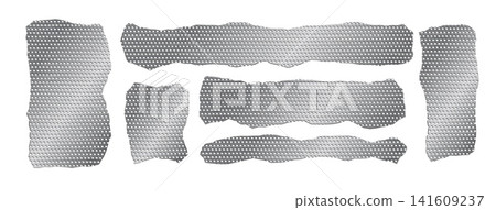 Set of torn metal steel grid vector elements on white background. Silver mesh fragments with ripped edges, grunge texture, strips, frames, and rough patches 141609237