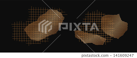 Gold torn steel mesh vector collection on dark black background. Bronze metal grid pieces with ripped edges, distressed texture, and rough fragments Gold torn steel mesh vector collection on dark black background. Bronze metal grid pieces with ripped edges, distressed texture, and rough fragments 141609247