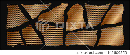 Gold bronze torn metal grid vector elements on black background. Ripped mesh pieces, broken fragments, rough strips, and textured grunge shapes Gold bronze torn metal grid vector elements on black background. Ripped mesh pieces, broken fragments, rough strips, and textured grunge shapes 141609253