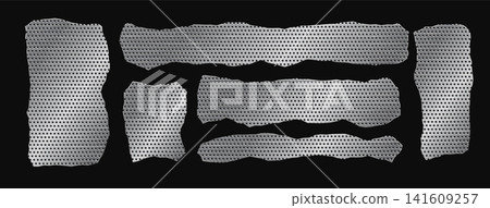 Set of silver torn steel grid vector shapes on black background. Distressed mesh fragments, ripped strips, rough patches, and industrial metal texture Set of silver torn steel grid vector shapes on black background. Distressed mesh fragments, ripped strips, rough patches, and industrial metal texture 141609257