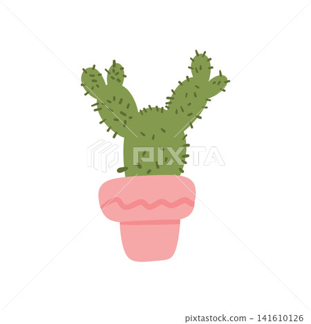 Doodle cactus in a pink flowerpot with a colorful hand drawn style. Cute desert plant illustration isolated on white, perfect for stickers, prints, stationery, branding, decor and creative projects. 141610126