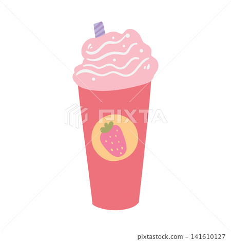Doodle milkshake in a pink cup with a drinking straw. Colorful hand drawn dessert illustration isolated on white, perfect for cafe menus, stickers, party designs, branding and creative projects. 141610127