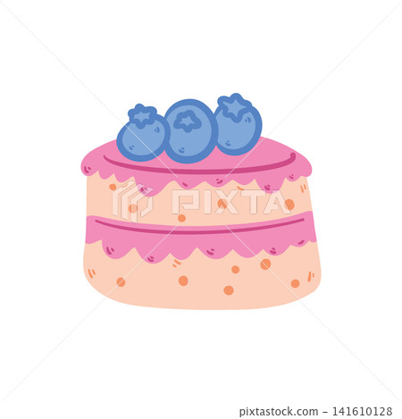Doodle tasty pastry with blueberry on top. Colorful hand drawn dessert illustration isolated on white, perfect for bakery, cafe menu, stickers, packaging, branding and creative projects. Doodle tasty pastry with blueberry on top. Colorful hand drawn dessert illustration isolated on white, perfect for bakery, cafe menu, stickers, packaging, branding and creative projects. 141610128