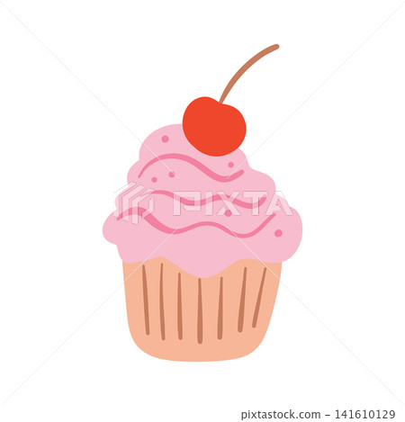Doodle sweet pastry with cherry on top. Colorful hand drawn dessert illustration isolated on white, perfect for bakery, cafe menu, stickers, packaging, branding and creative projects. Doodle sweet pastry with cherry on top. Colorful hand drawn dessert illustration isolated on white, perfect for bakery, cafe menu, stickers, packaging, branding and creative projects. 141610129