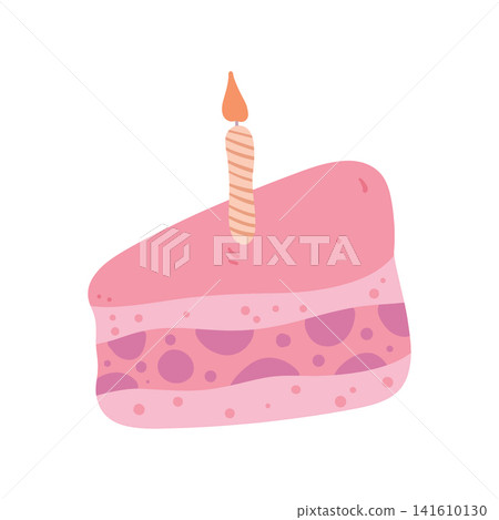 Doodle birthday cake with one candle. Colorful hand drawn dessert illustration isolated on white, perfect for birthday cards, party decorations, stickers, invitations, packaging and creative projects. 141610130