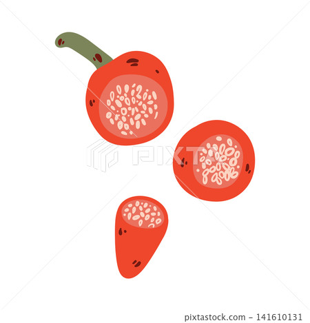 Doodle sliced red chili pepper illustration isolated on white. Colorful hand drawn spicy vegetable with cut pieces in cartoon style. Doodle sliced red chili pepper illustration isolated on white. Colorful hand drawn spicy vegetable with cut pieces in cartoon style. 141610131
