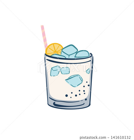 Doodle gin tonic cocktail in a glass with ice, lemon slice and straw. Colorful hand drawn drink illustration isolated on white in sketch style. Doodle gin tonic cocktail in a glass with ice, lemon slice and straw. Colorful hand drawn drink illustration isolated on white in sketch style. 141610132