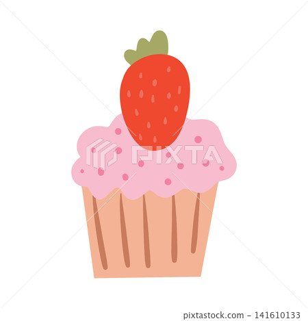 Doodle sweet pastry with strawberry on top. Colorful hand drawn dessert illustration isolated on white in sketch style. Doodle sweet pastry with strawberry on top. Colorful hand drawn dessert illustration isolated on white in sketch style. 141610133
