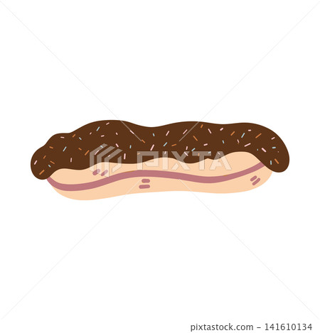Doodle eclair pastry with sprinkles on top. Colorful hand drawn dessert illustration isolated on white in sketch sty Doodle eclair pastry with sprinkles on top. Colorful hand drawn dessert illustration isolated on white in sketch sty 141610134
