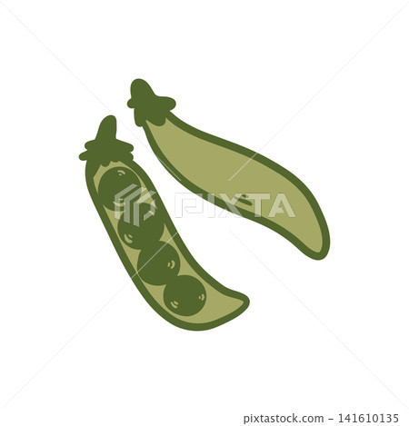 Doodle green peas illustration. Colorful hand drawn vegetable with pea pods isolated on white in sketch style. 141610135