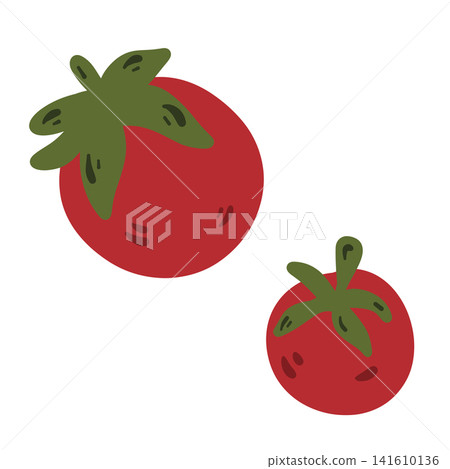 Doodle two cherry tomatoes illustration. Colorful hand drawn red tomatoes with green leaves isolated on white in sketch style. Doodle two cherry tomatoes illustration. Colorful hand drawn red tomatoes with green leaves isolated on white in sketch style. 141610136