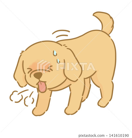 A hand-drawn illustration of a dog coughing and looking like it's having trouble breathing; a cold, illness. A hand-drawn illustration of a dog coughing and looking like it's having trouble breathing; a cold, illness. 141610190