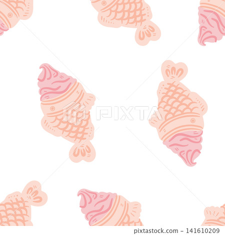 Doodle seamless taiyaki pattern. Colorful hand drawn Japanese fish shaped sweet dessert repeating background in sketch style. Doodle seamless taiyaki pattern. Colorful hand drawn Japanese fish shaped sweet dessert repeating background in sketch style. 141610209