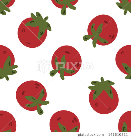 Doodle seamless cherry tomato pattern. Colorful hand drawn cherry tomatoes repeating background in sketch style. Doodle seamless cherry tomato pattern. Colorful hand drawn cherry tomatoes repeating background in sketch style. 141610211