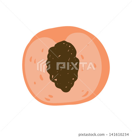 Doodle half peach with stone illustration. Colorful hand drawn peach slice isolated on white in sketch style. Doodle half peach with stone illustration. Colorful hand drawn peach slice isolated on white in sketch style. 141610234