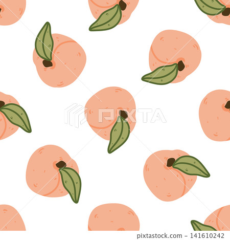 Doodle seamless peach pattern. Colorful hand drawn peaches repeating background in sketch style. Doodle seamless peach pattern. Colorful hand drawn peaches repeating background in sketch style. 141610242