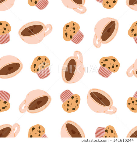 Doodle seamless pattern with coffee cups and muffins, cozy cafe theme, sweet bakery elements, hand drawn food illustration, breakfast and dessert background design Doodle seamless pattern with coffee cups and muffins, cozy cafe theme, sweet bakery elements, hand drawn food illustration, breakfast and dessert background design 141610244