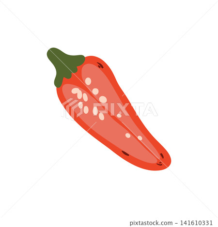 Doodle half red hot chili pepper illustration. Colorful hand drawn spicy pepper cut in half isolated on white in sketch style. Doodle half red hot chili pepper illustration. Colorful hand drawn spicy pepper cut in half isolated on white in sketch style. 141610331