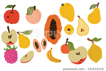 Doodle fruit set with banana, papaya, apple, pear, raspberry, peach and mandarin, hand drawn fresh tropical fruit collection, cute food illustration isolated design Doodle fruit set with banana, papaya, apple, pear, raspberry, peach and mandarin, hand drawn fresh tropical fruit collection, cute food illustration isolated design 141610338