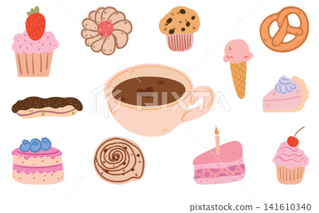 Doodle coffee shop set with coffee cup, muffins, sweet buns and ice cream, hand drawn cozy cafe collection, cute bakery food illustration isolated design Doodle coffee shop set with coffee cup, muffins, sweet buns and ice cream, hand drawn cozy cafe collection, cute bakery food illustration isolated design 141610340