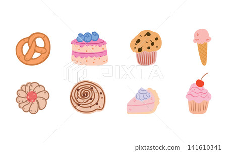 Doodle bakery set with cupcakes, muffins, pastries, buns, cakes and ice cream, hand drawn sweet dessert collection, cute bakery food illustration isolated design 141610341