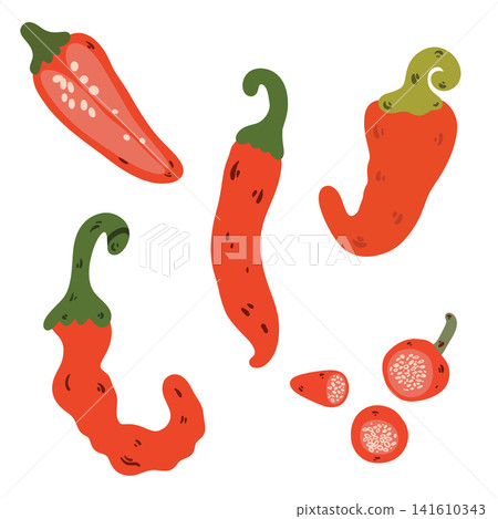 Doodle set with red hot chili pepper elements, whole peppers, cut pepper and hand drawn spicy food collection, cute vegetable illustration isolated design Doodle set with red hot chili pepper elements, whole peppers, cut pepper and hand drawn spicy food collection, cute vegetable illustration isolated design 141610343