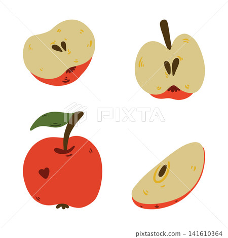 Doodle apple illustration set with whole apple, apple slices and half apple. Colorful hand drawn fruit collection isolated on white in sketch style. 141610364