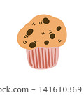 Doodle muffin with chocolate drops illustration. Colorful hand drawn sweet cupcake isolated on white in sketch style. 141610369