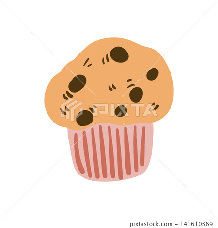 Doodle muffin with chocolate drops illustration. Colorful hand drawn sweet cupcake isolated on white in sketch style. Doodle muffin with chocolate drops illustration. Colorful hand drawn sweet cupcake isolated on white in sketch style. 141610369