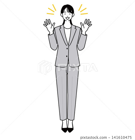 A full-body illustration of a woman in a suit raising both hands in joy. A full-body illustration of a woman in a suit raising both hands in joy. 141610475