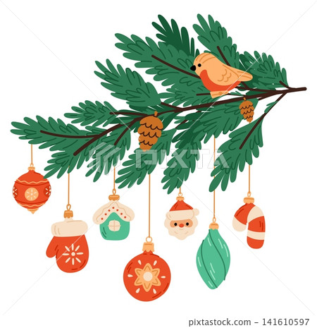 Christmas tree branch with vintage Xmas pine decorations. Fir sprigs and festive traditional accessories. Gifts and toys. Evergreen plants. New Year garland. Vector botanical element Christmas tree branch with vintage Xmas pine decorations. Fir sprigs and festive traditional accessories. Gifts and toys. Evergreen plants. New Year garland. Vector botanical element 141610597