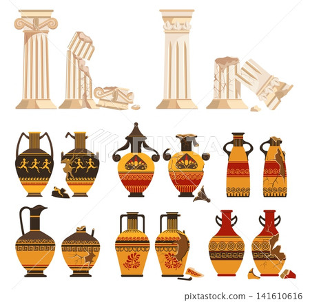 Intact and cracked ancient Greek vases. Broken pottery. Marble columns with fissures. Historical tableware. Traditional clay amphorae. Corinthian colonnade. Vector antique elements set Intact and cracked ancient Greek vases. Broken pottery. Marble columns with fissures. Historical tableware. Traditional clay amphorae. Corinthian colonnade. Vector antique elements set 141610616