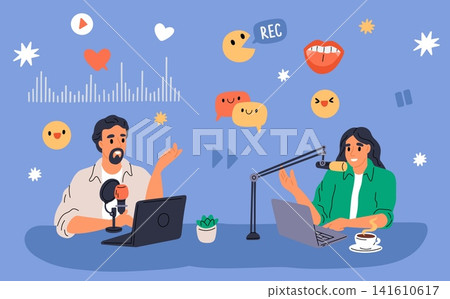 Interview with radio host. Podcast recording process. Audio content. Live streaming service. Online conversation broadcast. Blogger and guest talk in studio. Speech emoticon. Vector concept Interview with radio host. Podcast recording process. Audio content. Live streaming service. Online conversation broadcast. Blogger and guest talk in studio. Speech emoticon. Vector concept 141610617