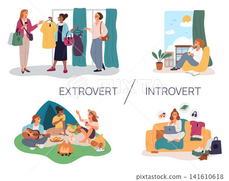 Introverts and extroverts. Psychological personality types. People with introversion and extroversion. Inward or outward orientation. Unsociable girl. Friends leisure. Vector concept 141610618
