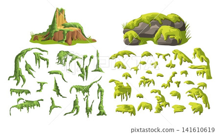 Marsh moss. Green jungle plants. Forest lichens. Microgreens and fragments of various shapes covering surface. Overgrown stone and tree stump. Swamp greenery. Mossy elements vector set Marsh moss. Green jungle plants. Forest lichens. Microgreens and fragments of various shapes covering surface. Overgrown stone and tree stump. Swamp greenery. Mossy elements vector set 141610619